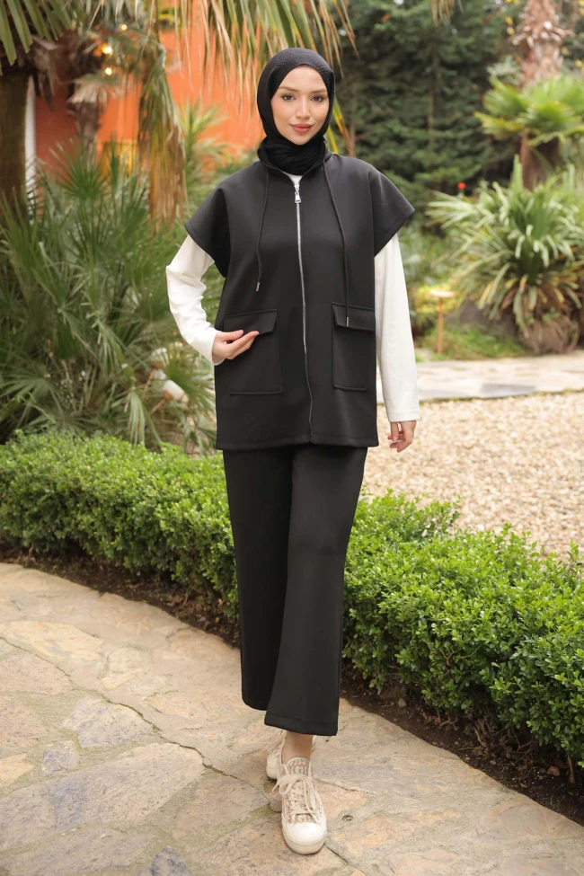 Siyah Scuba Yelek Pantolonlu Üçlü Takım