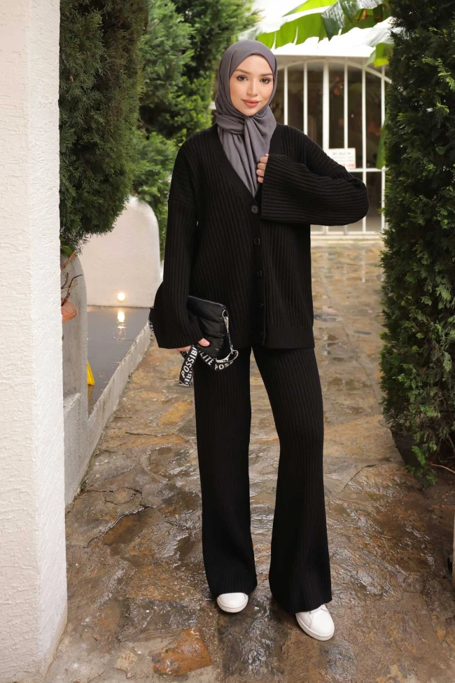 Siyah Selanik Örme Hırka Pantolonlu Triko Takım