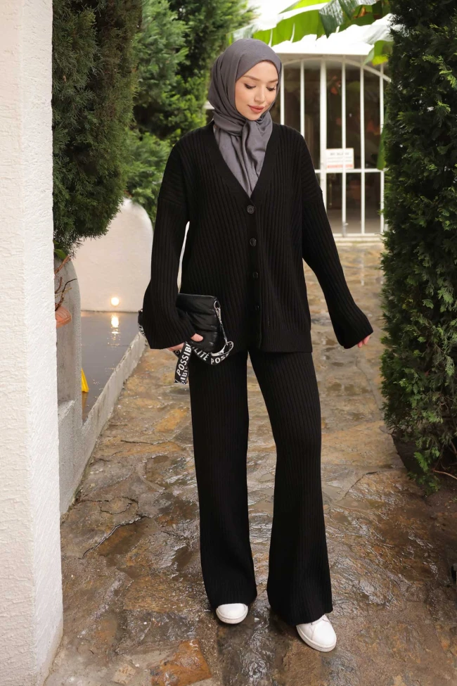 Siyah Selanik Örme Hırka Pantolonlu Triko Takım