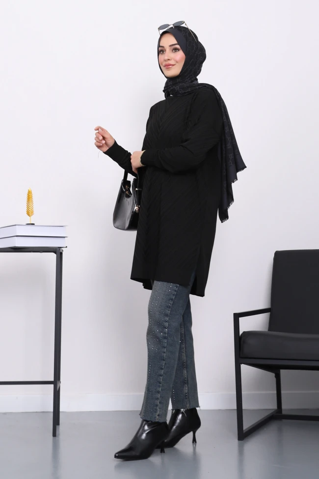 Siyah Soğuk İplik Merserize Triko Tunik