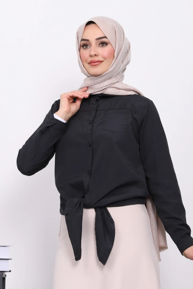 Siyah Tek Cepli Ön Bağlamalı Gömlek