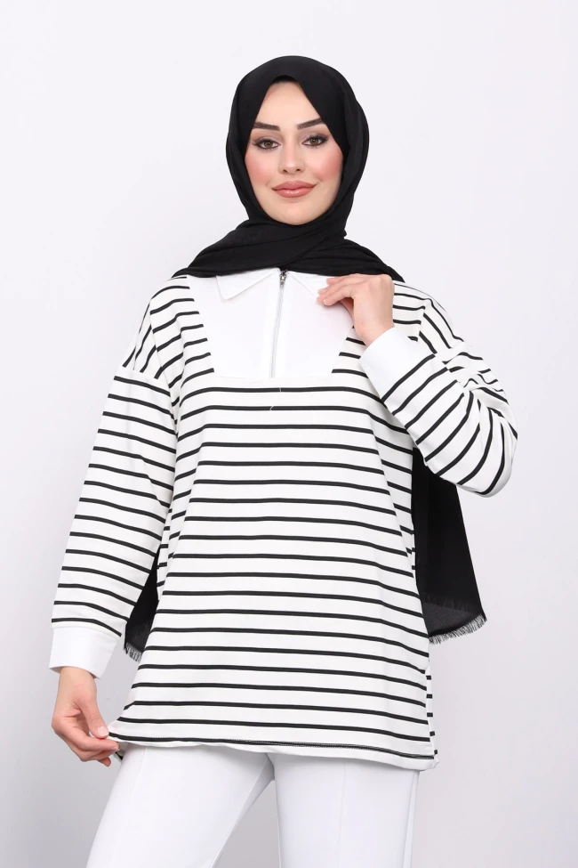 Siyah Yaka Fermuarlı Çizgili İki İplik Sweatshirt