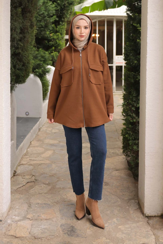 Taba Kapşonlu Fermuarlı Kaşe Ceket