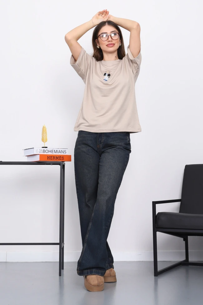 Taş Nakışlı Modal Kısa Kol  T-Shirt