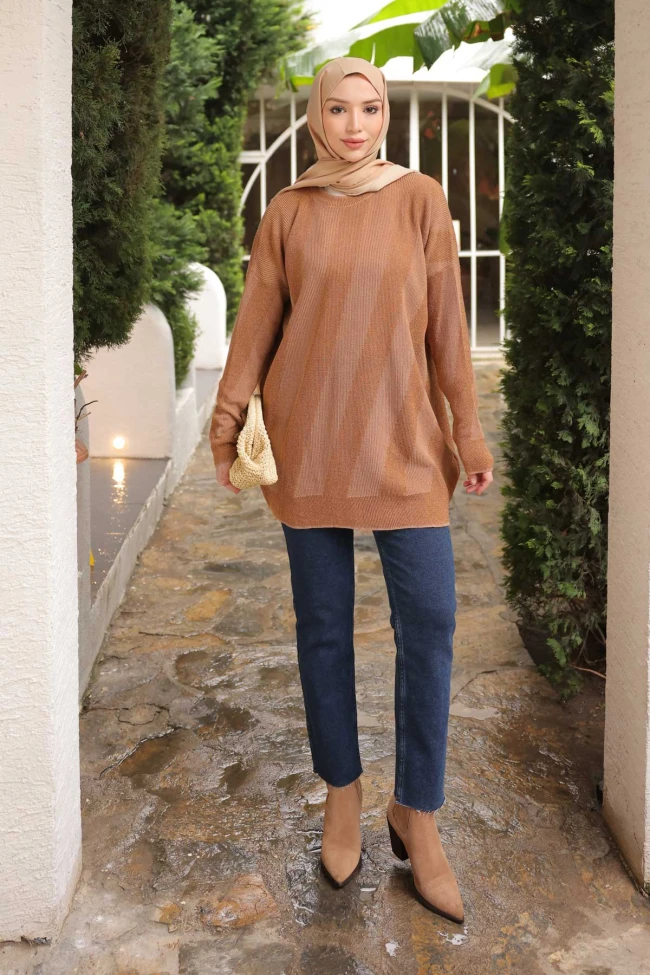 Vizon Desenli Simli Triko Kazak