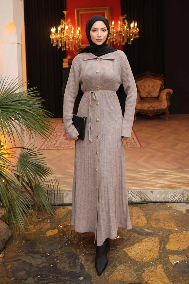 Vizon Düğmeli Triko Elbise