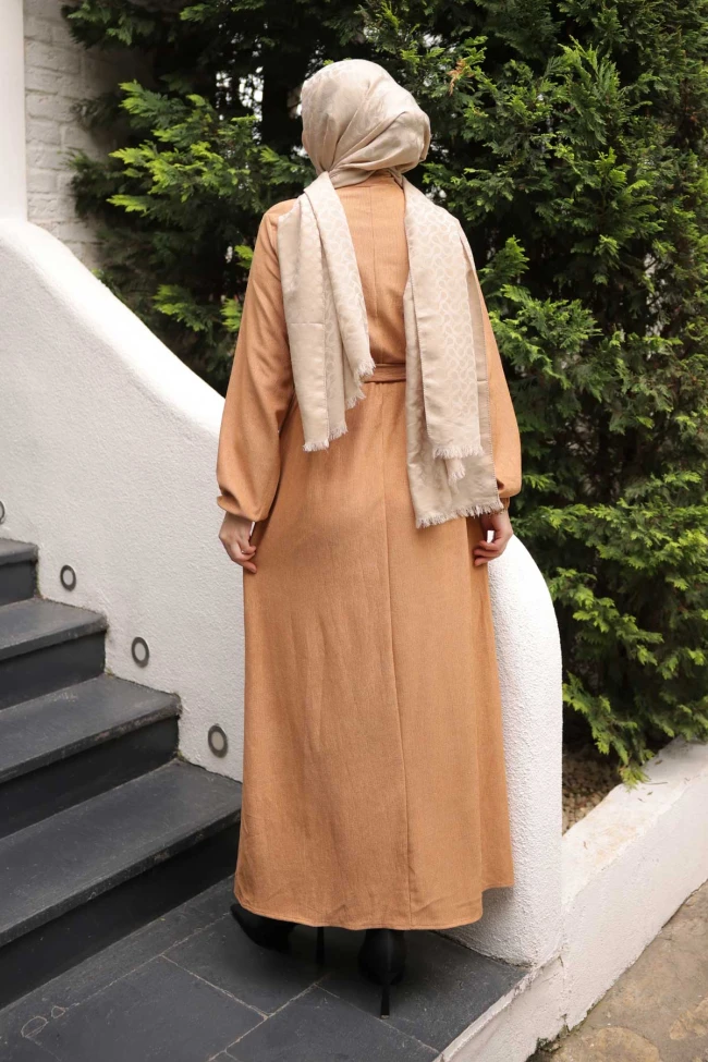 Vizon Kuşaklı Kol Lastikli Fitilli Elbise