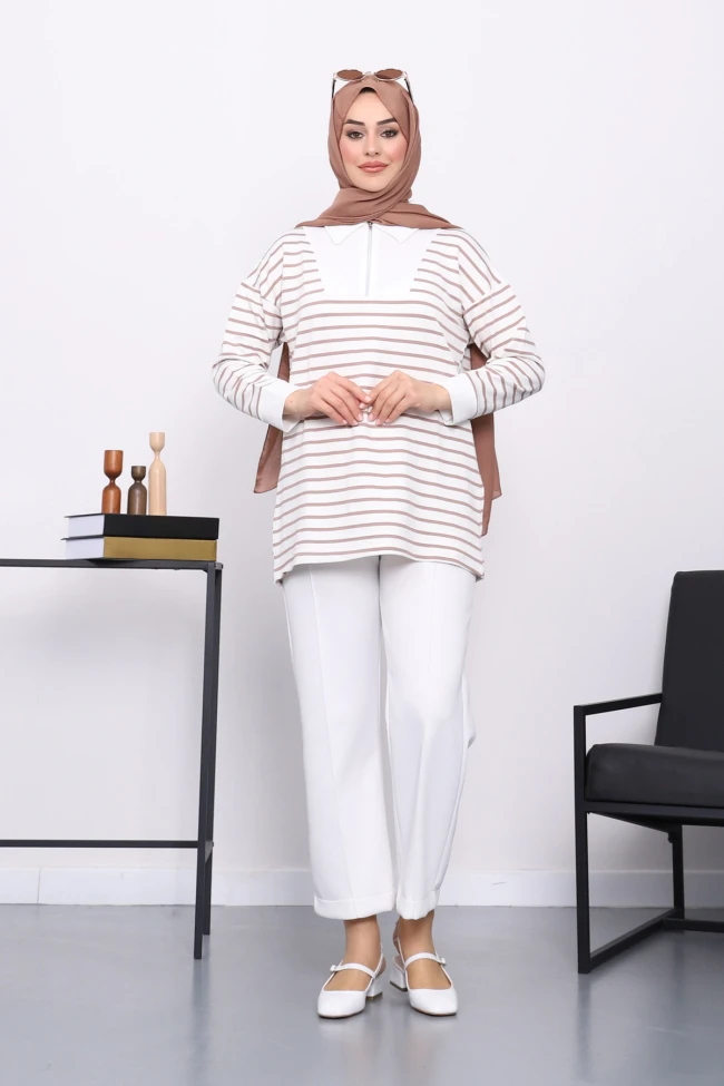 Vizon Yaka Fermuarlı Çizgili İki İplik Sweatshirt