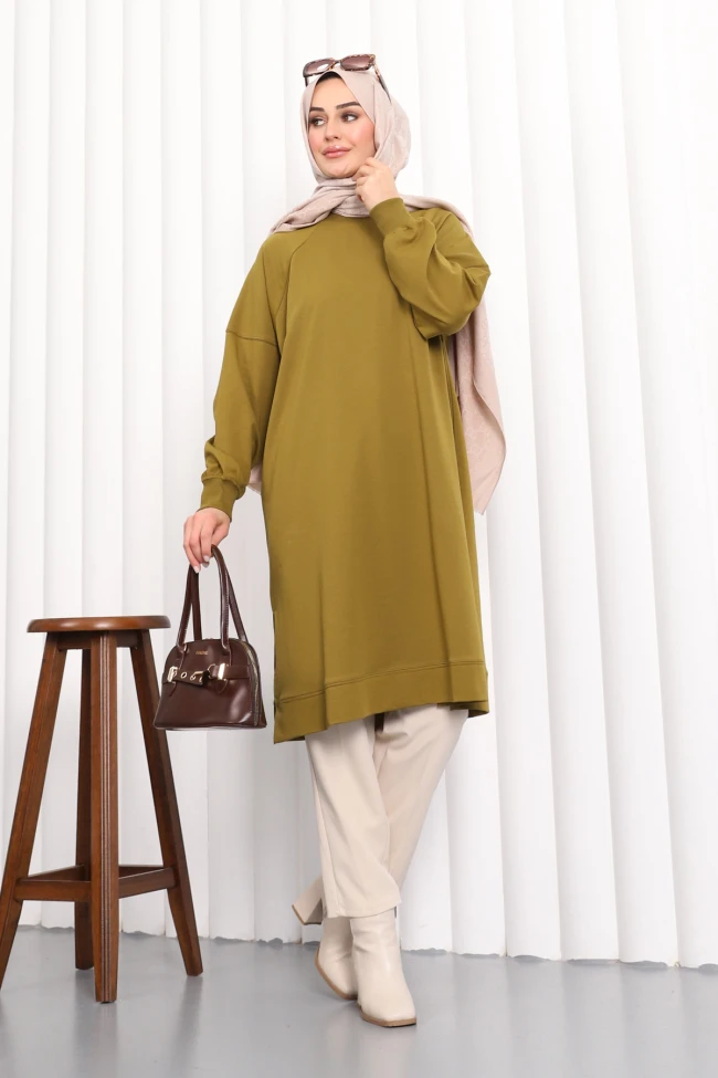 Yağ Yeşili Yanları Yırtmaçlı Modal Tunik