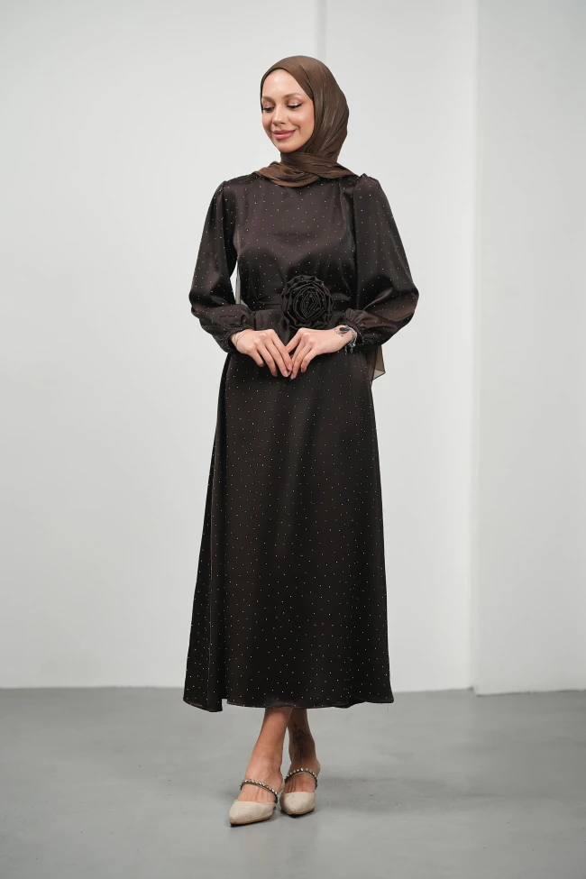 Acı Kahve Çiçek Kemerli Taşlı Saten Abiye