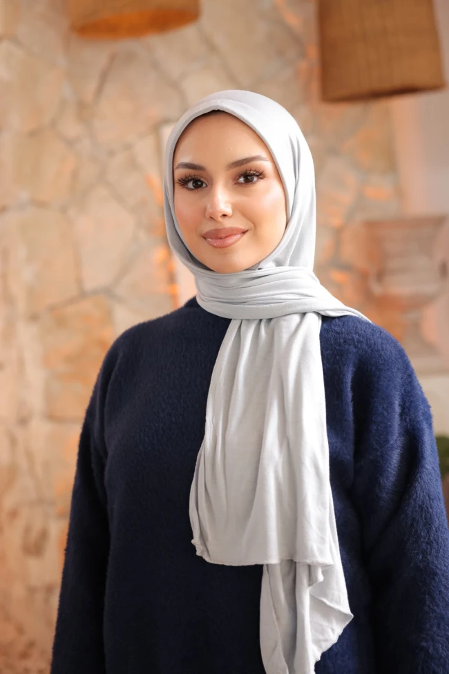 Açık Gri Helen Önü Süngerli Pratik Penye Şal