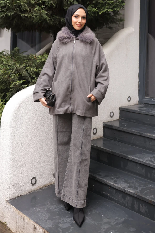 Antrasit Yaka Kürk Detaylı Süet Ceket