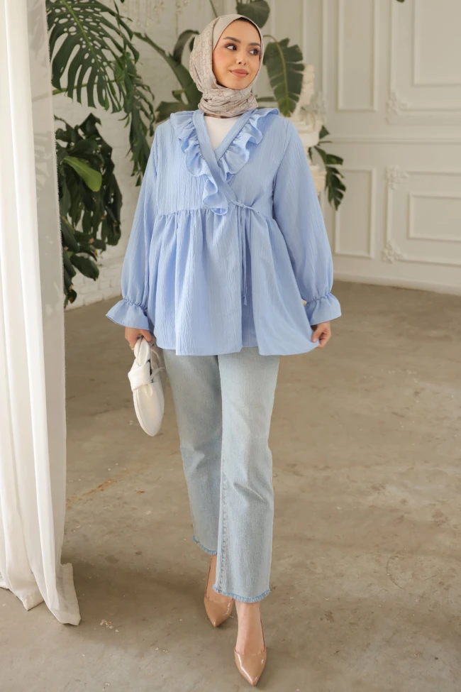 Bebe Mavi Yaka Fırfırlı Yan Bağlamalı Kol Lastikli Tunik