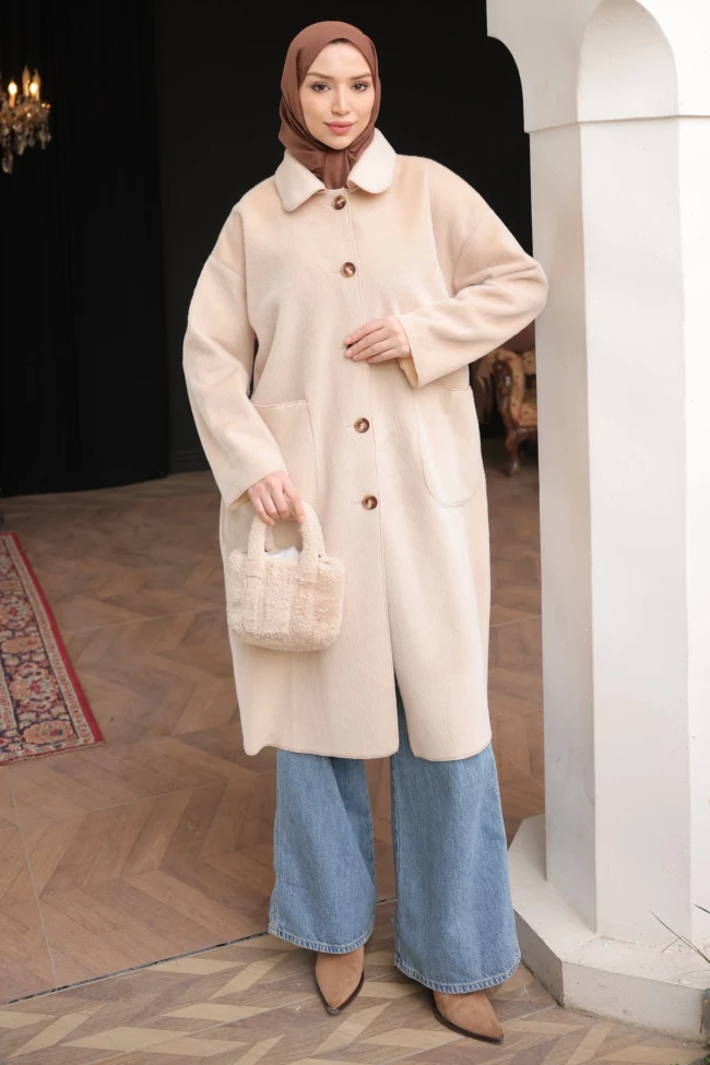 Bej Cepli Düğmeli Angora Kaban