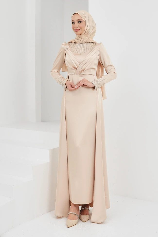 Bej Önü Taşlı Saten Abiye