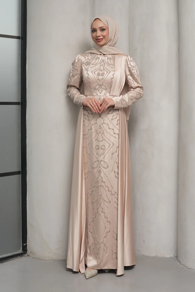 Bej Önü Taşlı Saten Abiye