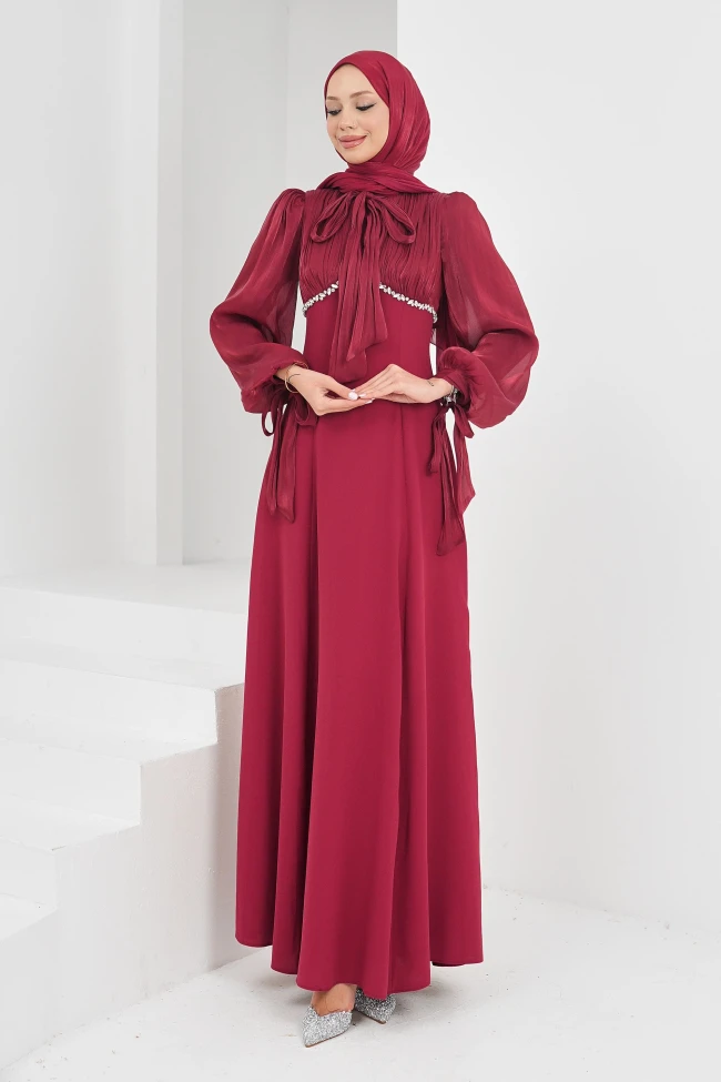 Bordo Balon Kol Taş Detaylı Abiye