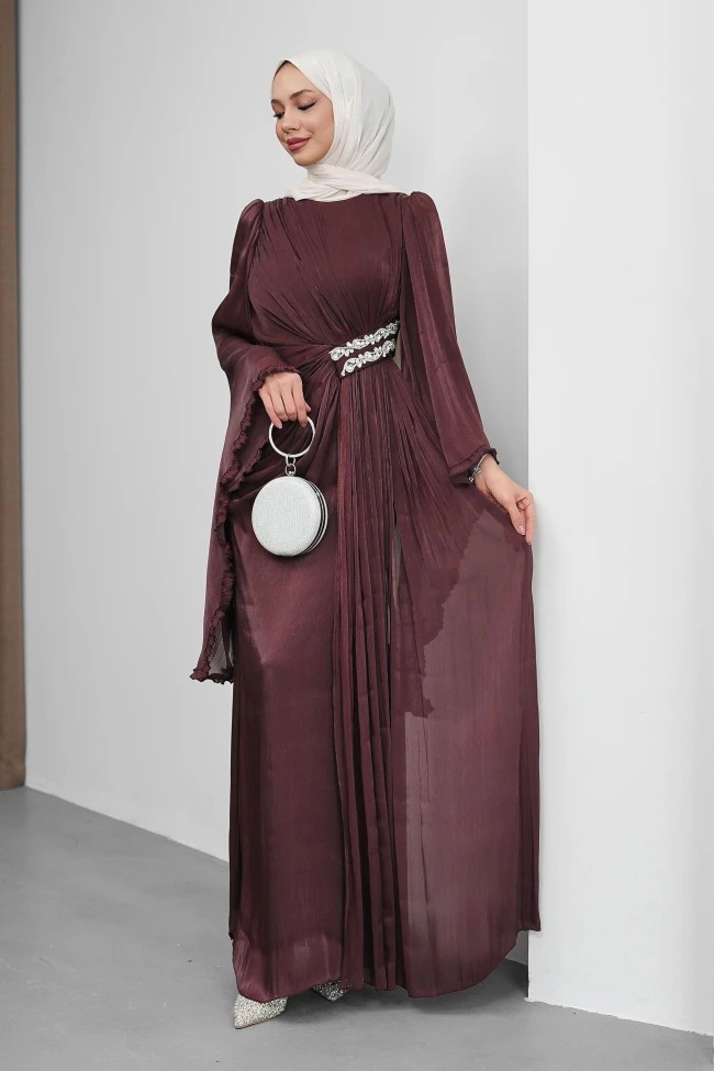 Bordo Bel Taşlı Şifon Abiye