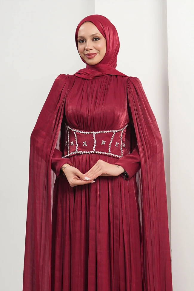 Bordo Beli Taşlı Pelerinli Piliseli Abiye