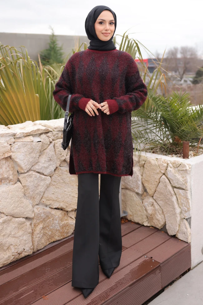 Bordo Bisiklet Yaka Simli Triko Kazak