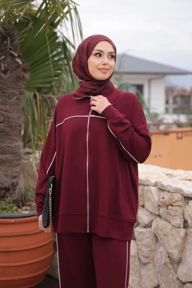 Bordo Çift Cepli Fermuarlı Biyeli Takım