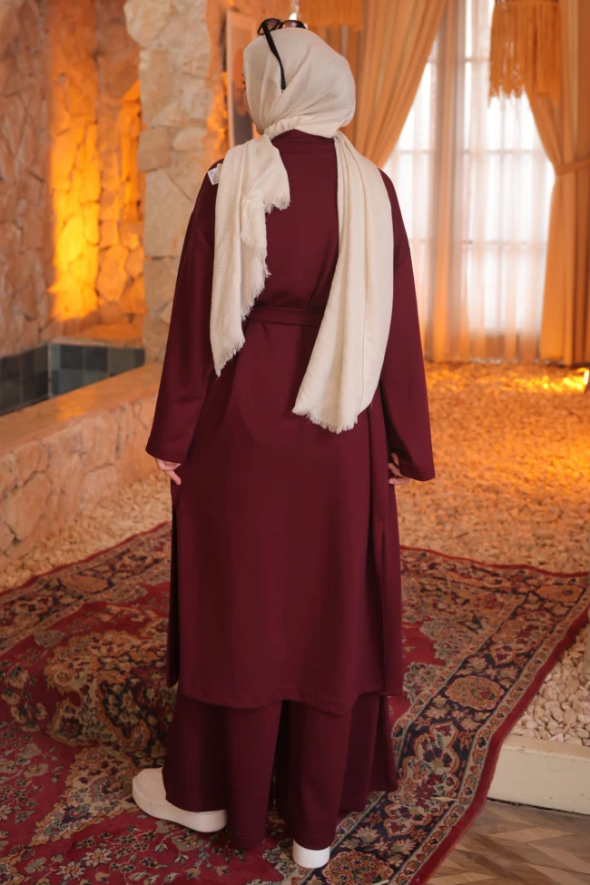 Bordo Hırka Sweat Pantlonlu Geniş Kalıp 3'lü Modal Takım