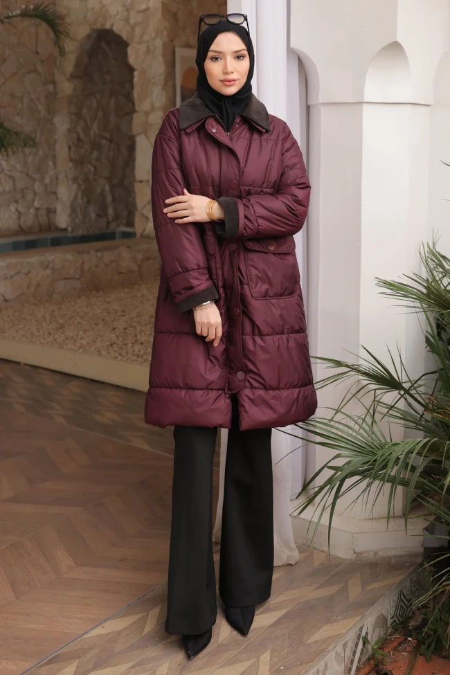 Bordo Kadife Garnili Cepli Şişme Mont