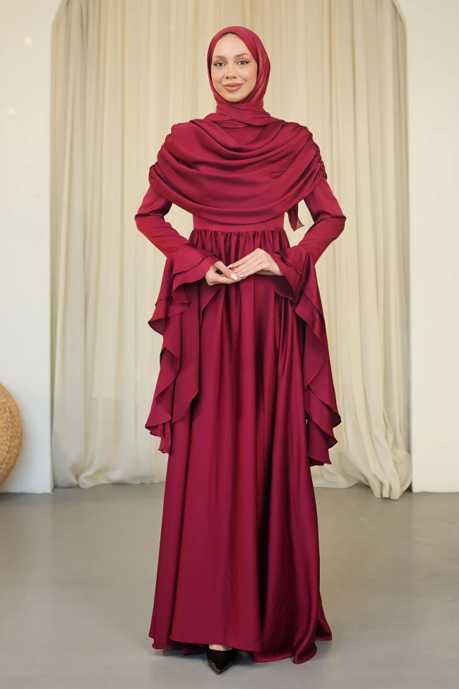 Bordo Kol Katlı Önü Drapeli Saten Abiye
