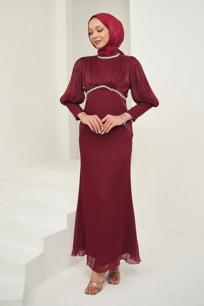 Bordo Önü Piliseli Taşlı Abiye