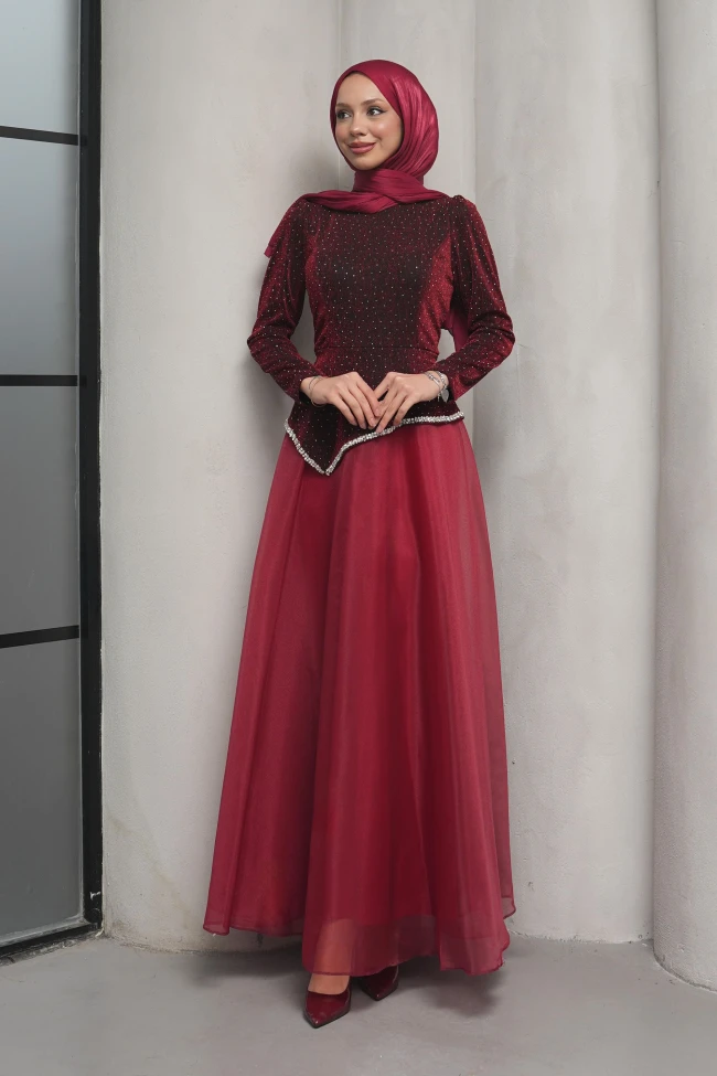 Bordo Taş Detaylı Tasarım Abiye