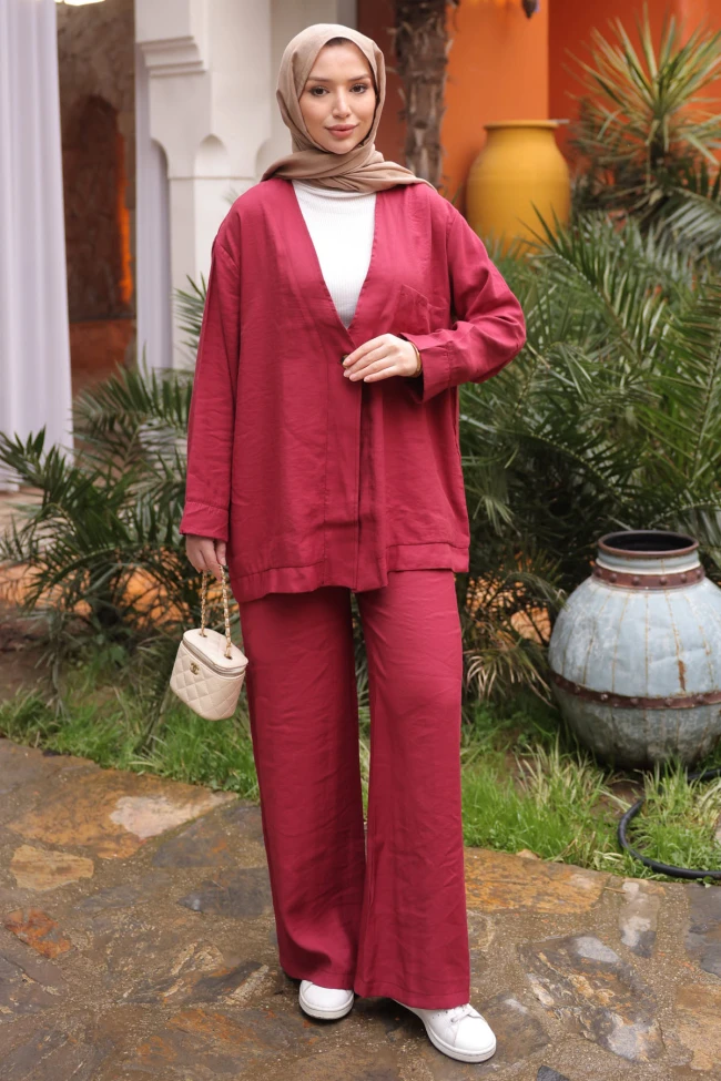Bordo Tek Düğmeli Ceket Pantolonlu Takım