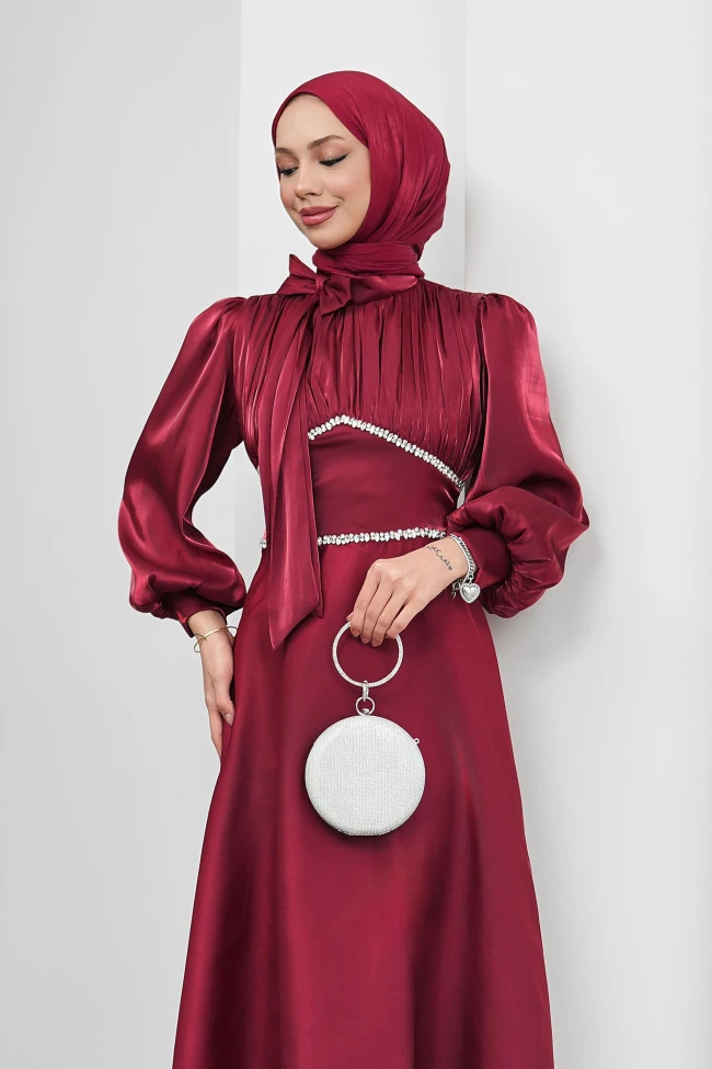 Bordo Yakası Fiyonklu Beli Taş Detaylı Balon Kol Abiye