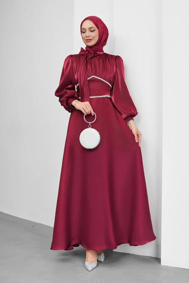 Bordo Yakası Fiyonklu Beli Taş Detaylı Balon Kol Abiye