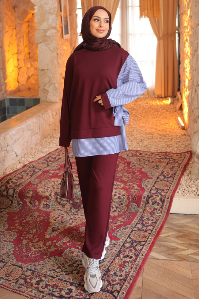 Bordo Yan Bağlamalı Modal Tunik Pantolon Takım