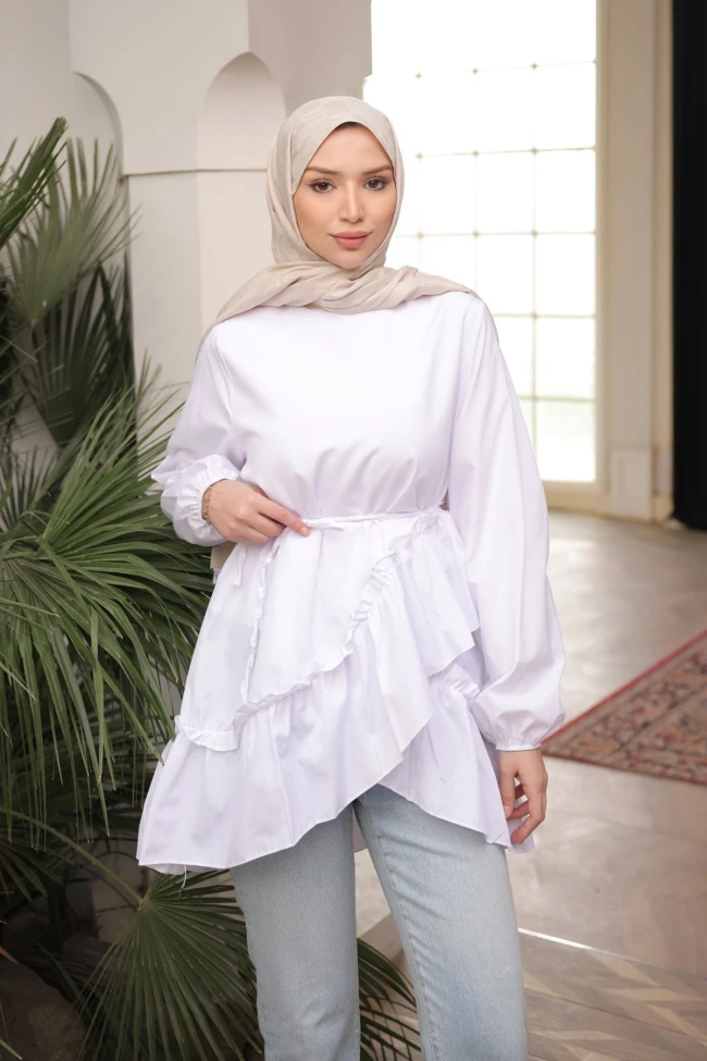 Ekru Eteği Katlı Fırfırlı Tunik