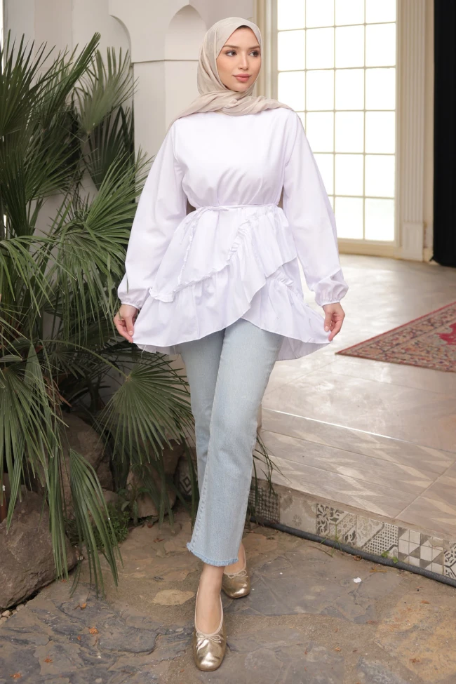 Ekru Eteği Katlı Fırfırlı Tunik