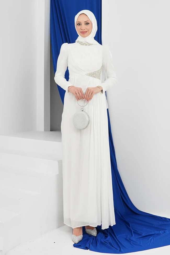 Ekru Yaka Bel Taşlı Abiye