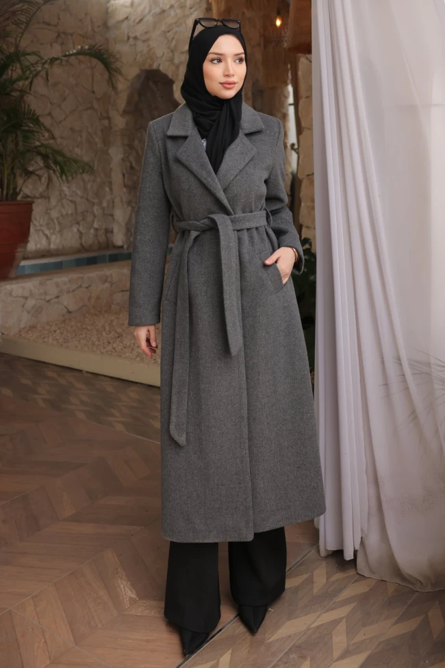 Füme Bel Kuşaklı Uzun Kaşe Kaban