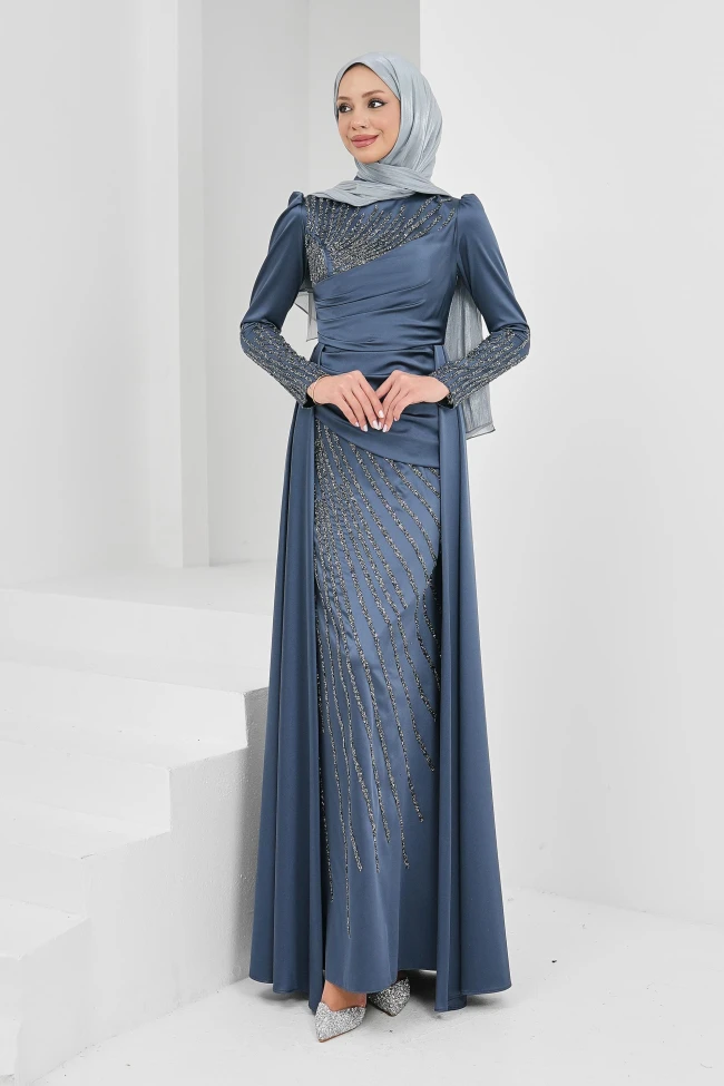 Füme Önü Taşlı Saten Abiye