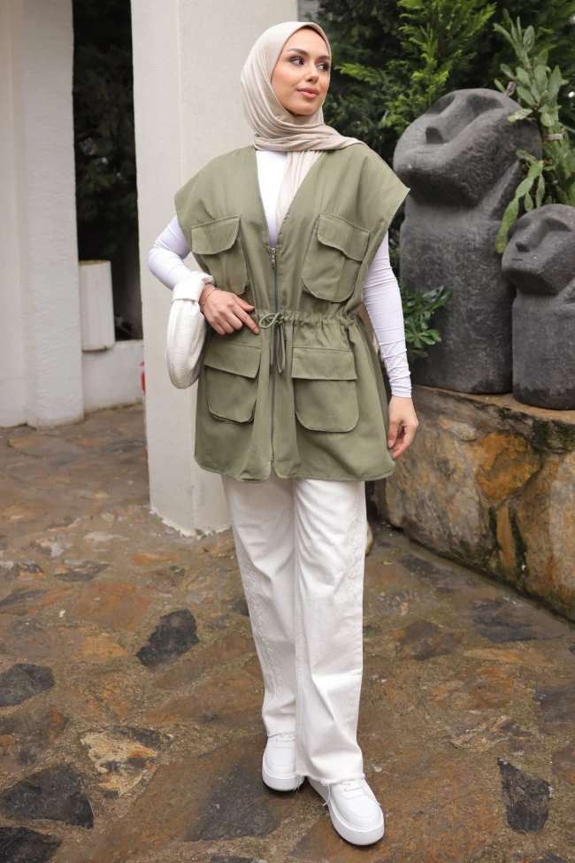 Haki Bel Bağlamalı Cepli Astarlı Gabardin Yelek