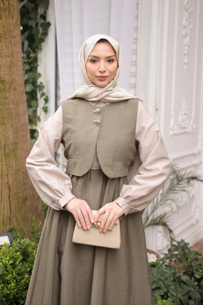 Haki Bel Lastikli Yelek Kombinli Elbise Takım