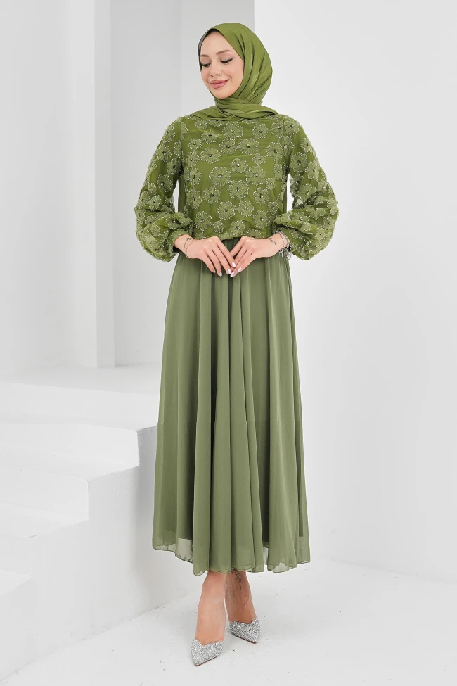 Haki Boncuk İşlemeli Abiye