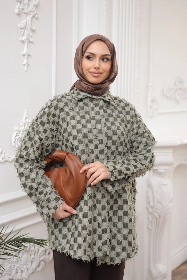 Haki Renk Bloklu Püsküllü Oversize Gömlek