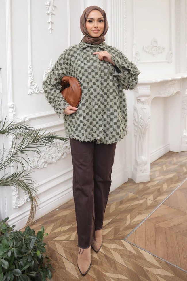 Haki Renk Bloklu Püsküllü Oversize Gömlek