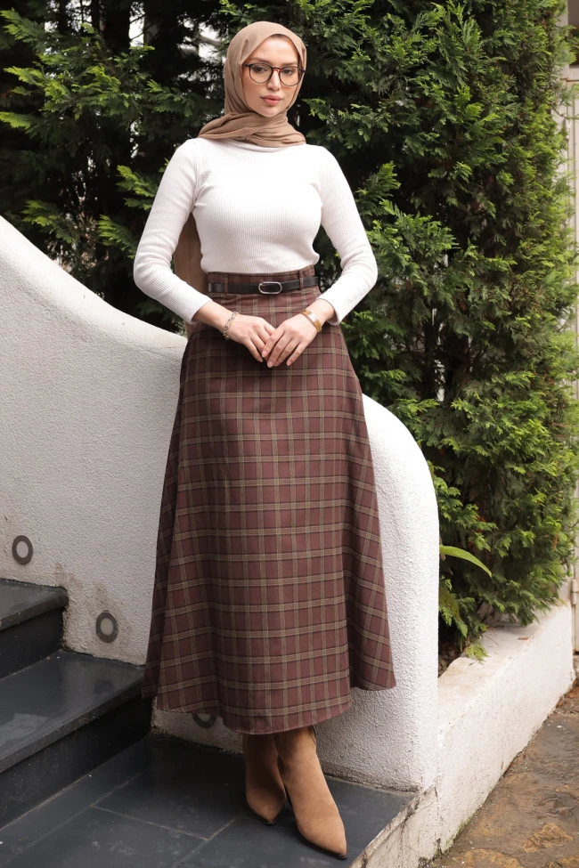 Kahverengi Beli Kemerli Yandan Cepli Ekose Kloş Etek