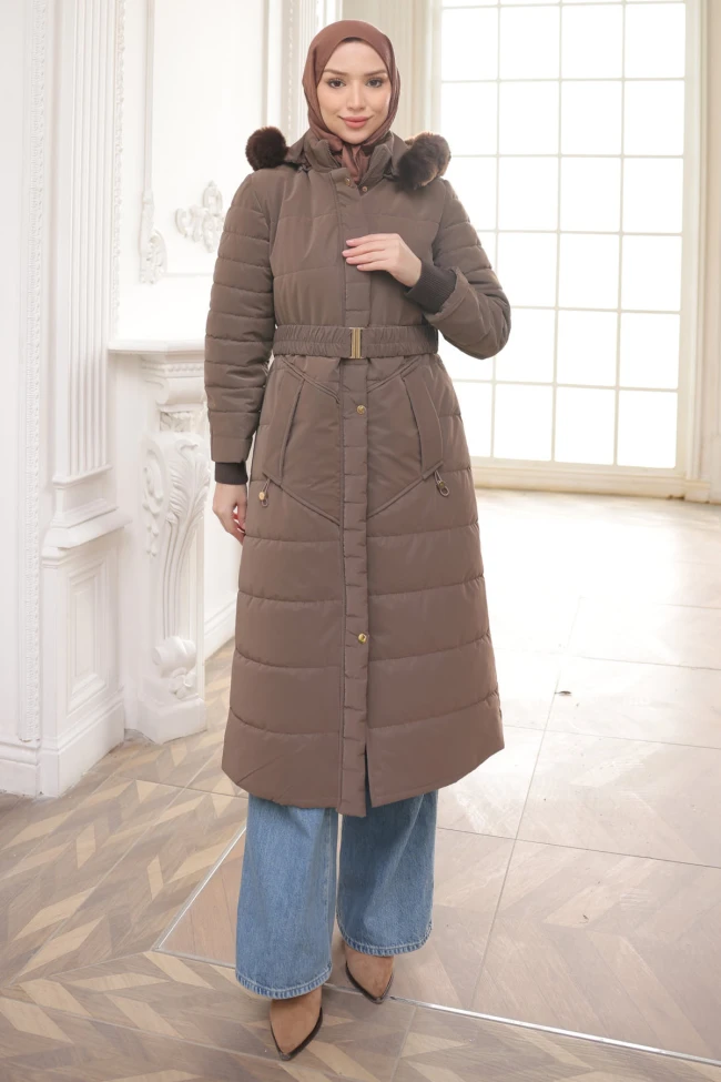 Kahverengi Büyük Beden Kapüşonlu Şişme Mont