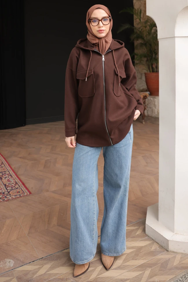 Kahverengi Kapşonlu Fermuarlı Kaşe Ceket