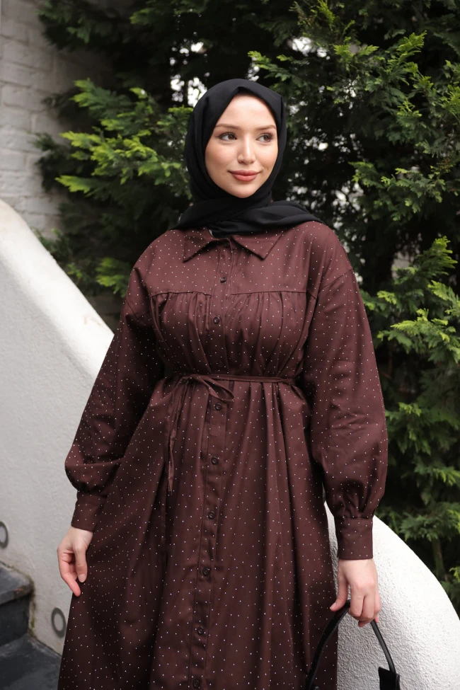 Kahverengi Oversize Taşlı Düğmeli Gabardin Tunik