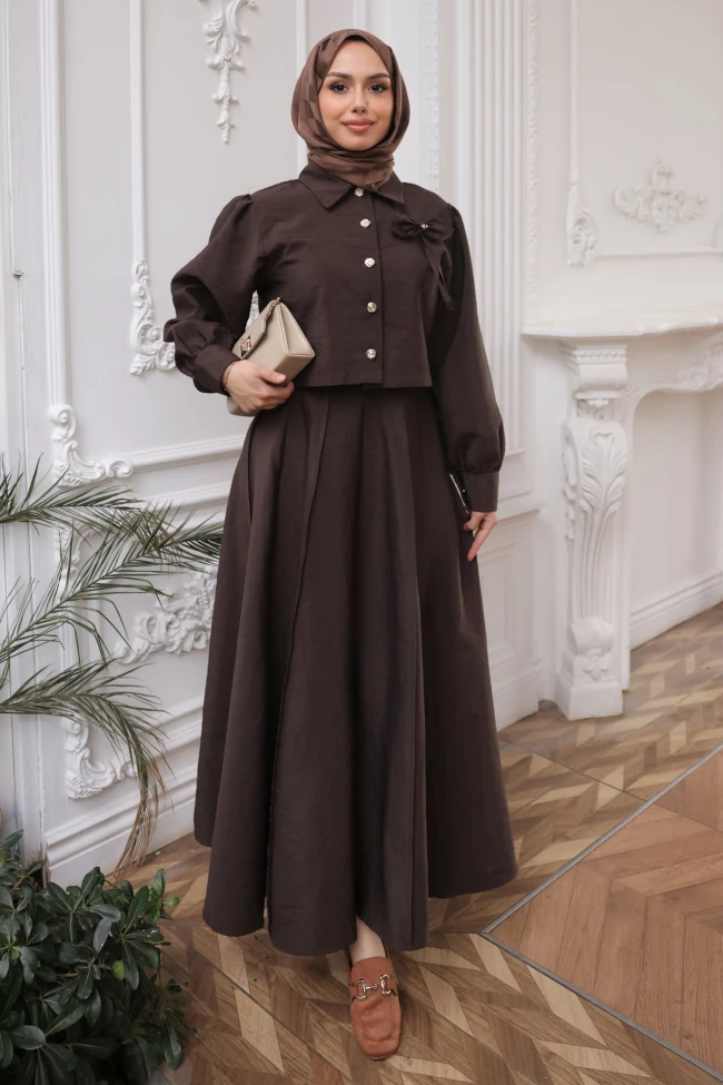 Kahverengi Yaka Detaylı Crop Gömlek Etekli Takım