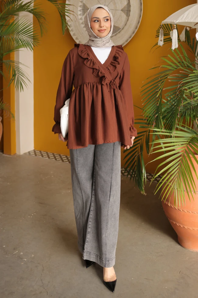 Kahverengi Yaka Fırfırlı Yan Bağlamalı Kol Lastikli Tunik